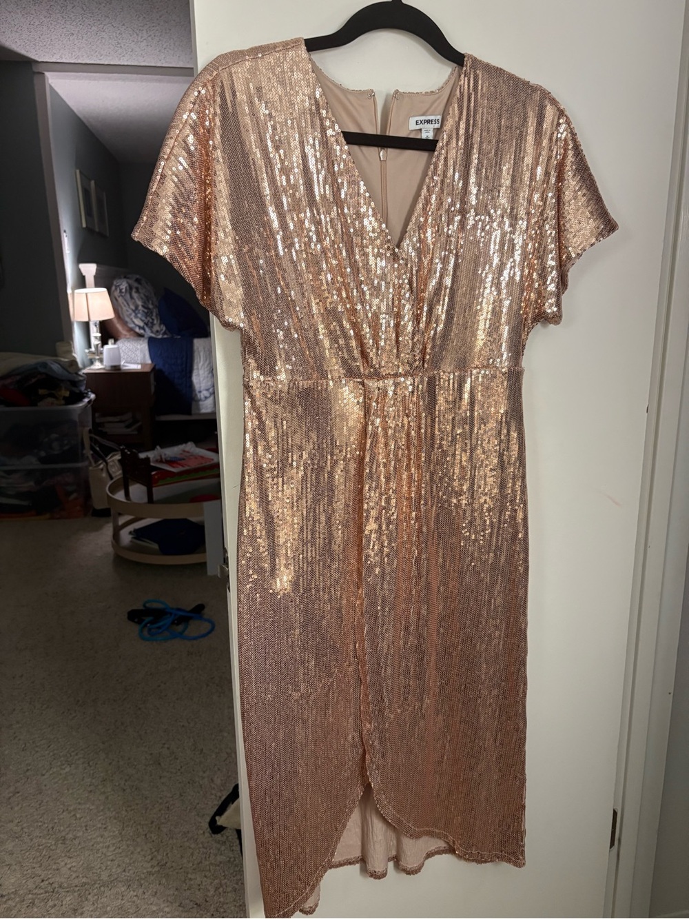 Express Rose Gold Sequin Wrap Midi Dress